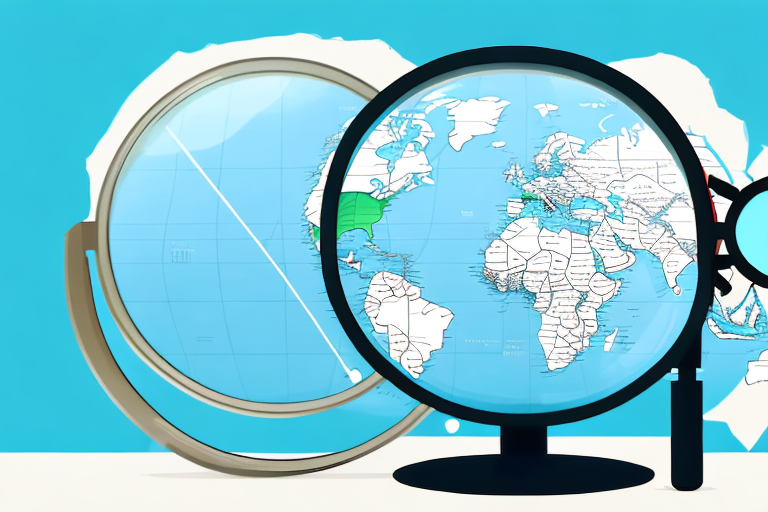 A computer monitor with a world map and a magnifying glass hovering over it