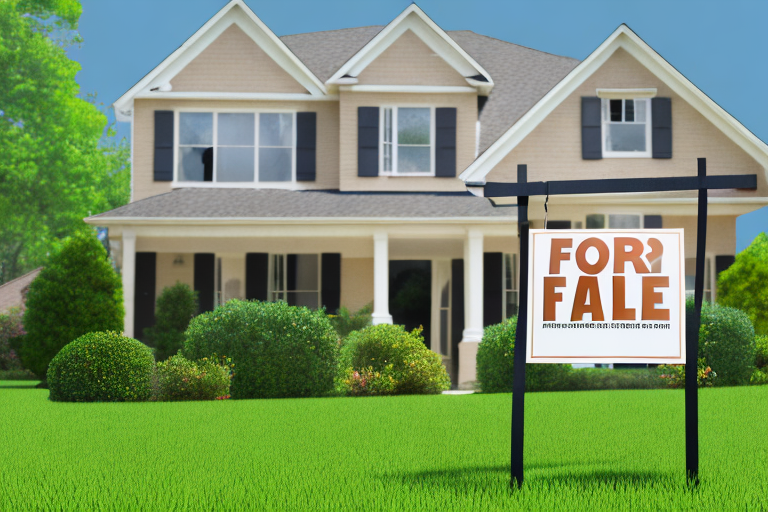 A house with a "for sale" sign in the front yard