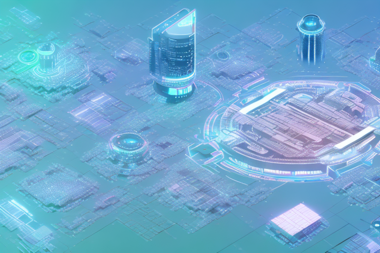 A futuristic cityscape with a large data center in the center