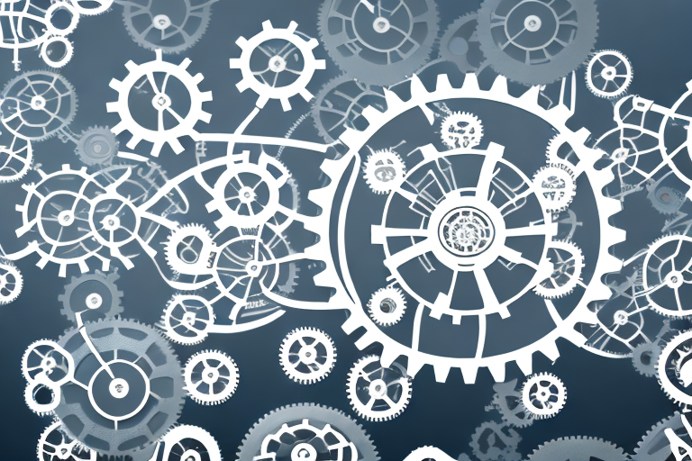 A complex network of interconnected gears and cogs representing the different business units and the need for consistent implementation of the aml compliance program