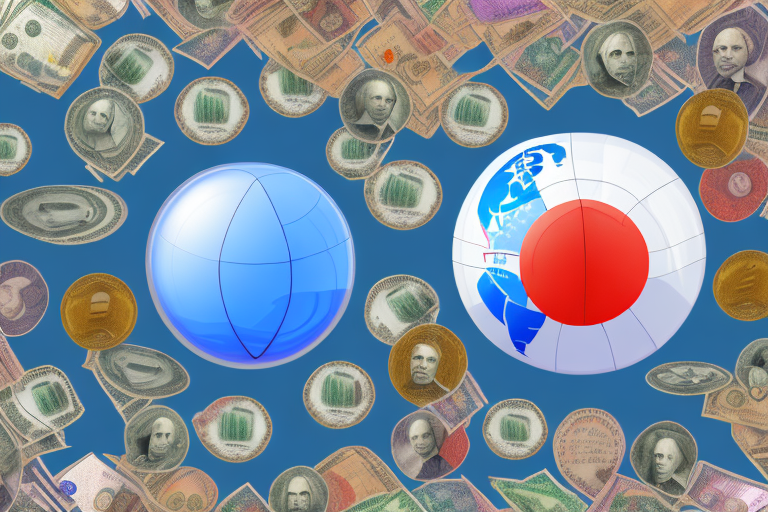 A globe with multiple currencies and flags overlapping