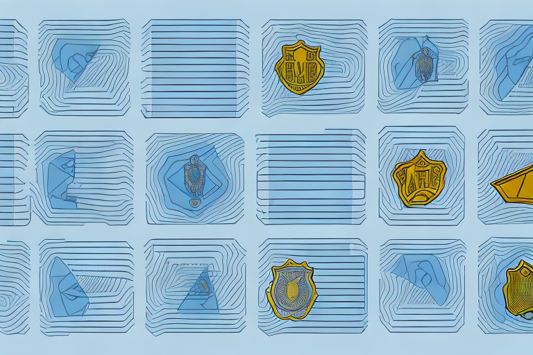 A set of abstract shapes and colors representing the complex relationship between law enforcement and regulatory bodies in the context of money laundering