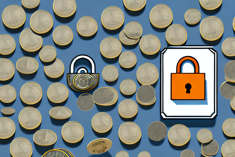 A bank vault with a padlock and a stack of coins