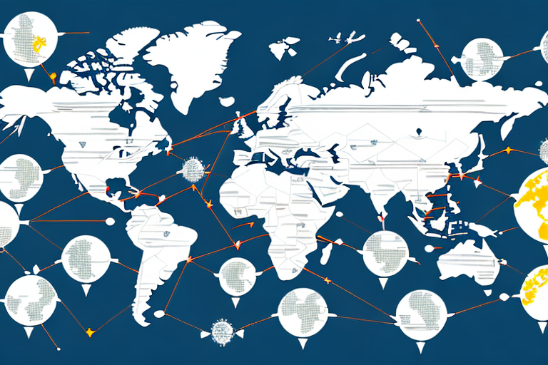 A global map with arrows indicating the flow of goods between countries