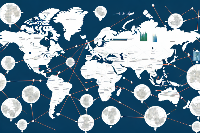 A global map with arrows to represent the flow of goods between countries