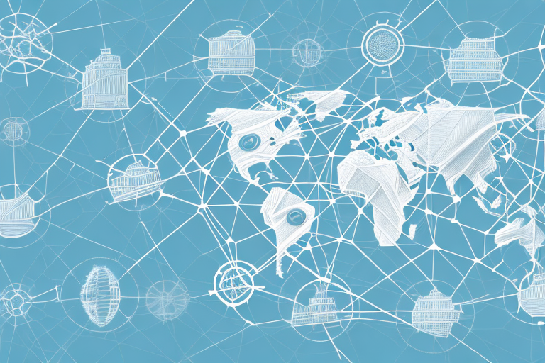 A complex network of global trade routes and containers