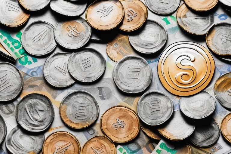 A pile of coins and banknotes being seized by a government official