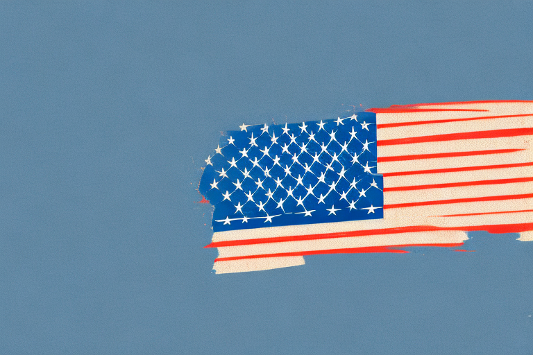 An american flag with a factory in the background