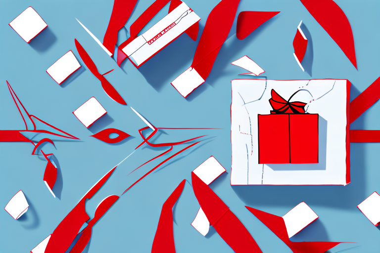 A package being held up by a pair of red scissors