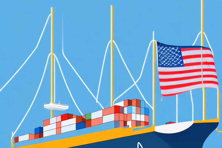 A container ship with a us customs flag flying from the mast