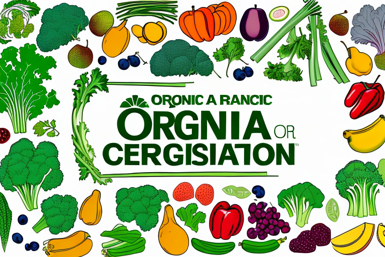 A usda organic certification label surrounded by a variety of fruits and vegetables