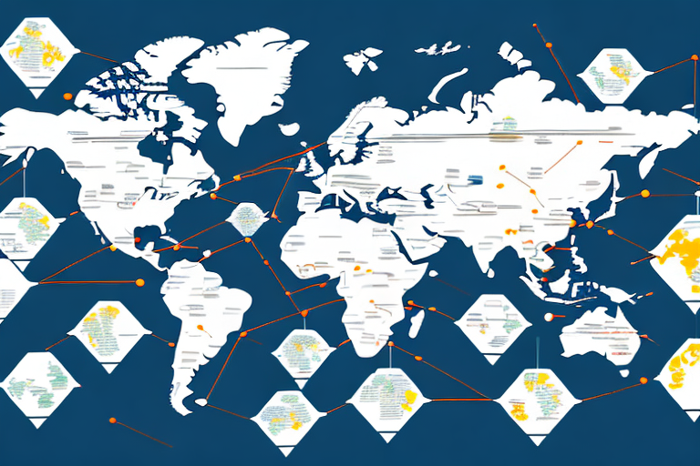 A global map with arrows indicating the flow of goods and services between countries