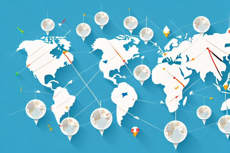 A globe with arrows pointing to different countries to represent the global flow of trade