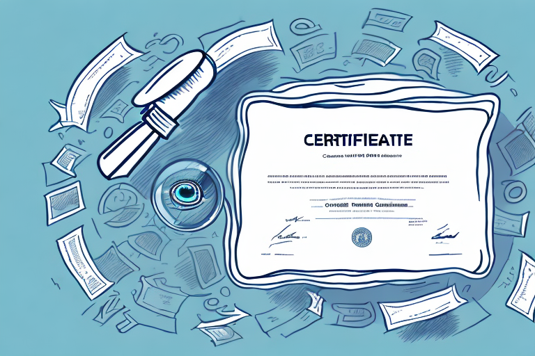 A stack of certificates of incorporation with a magnifying glass hovering over it