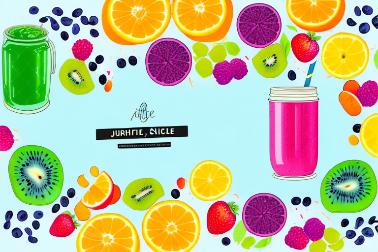 A bright and colorful juice or smoothie bar with a variety of fruits and vegetables