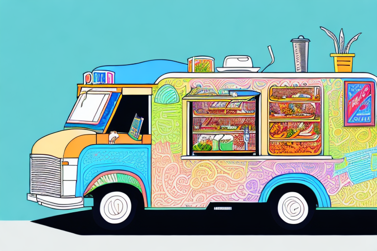 A colorful mobile food truck parked in a city street