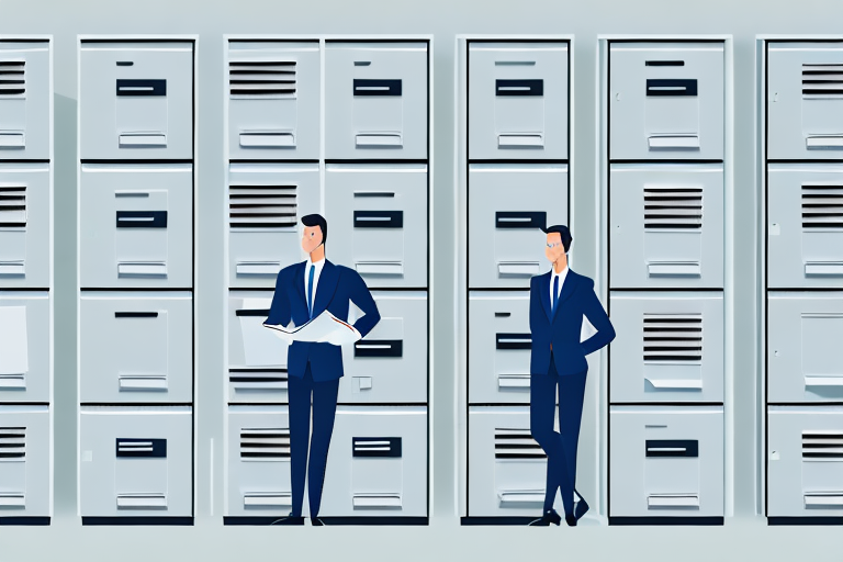 A business leader standing in front of a wall of filing cabinets