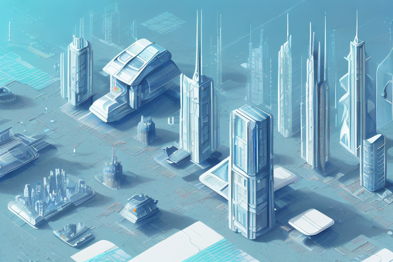 A futuristic cityscape with buildings and structures that represent technological innovation