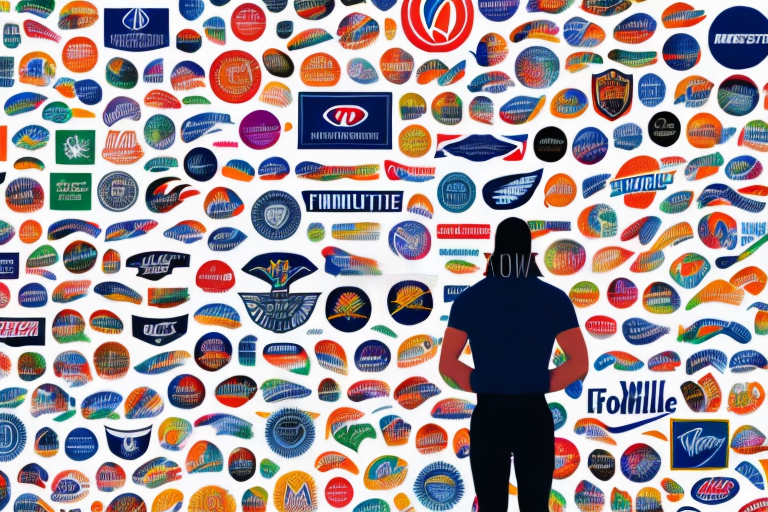 A person standing in front of a wall of colorful franchise logos