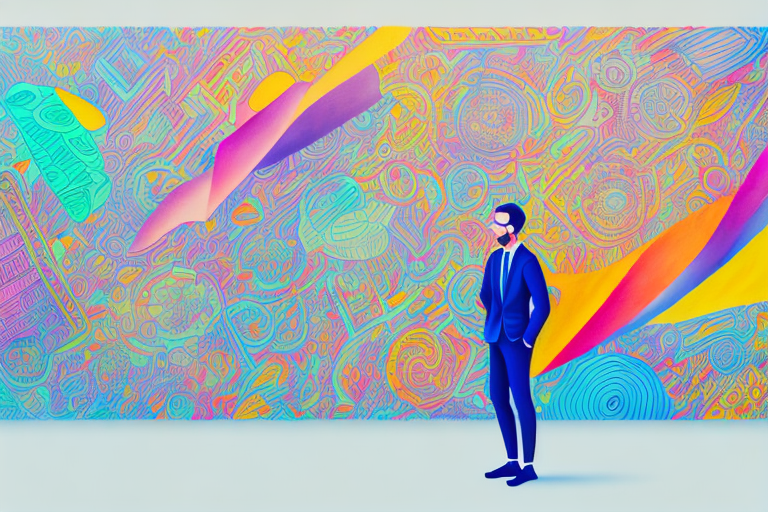 A person standing in front of a wall of colorful