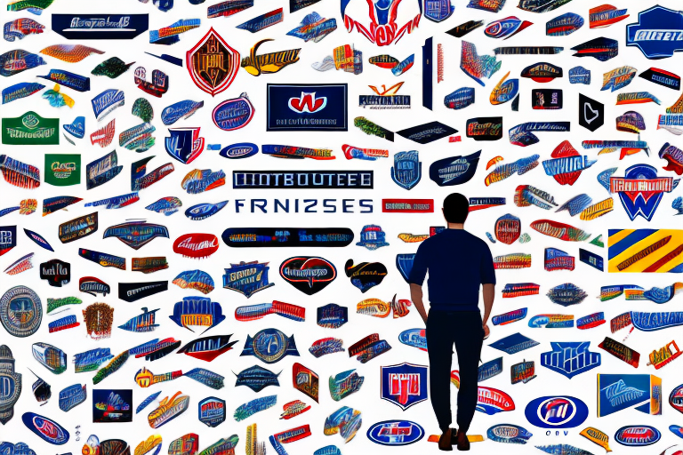 A person standing in front of a wall covered in various franchise logos