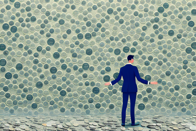 A person standing in front of a large wall of money