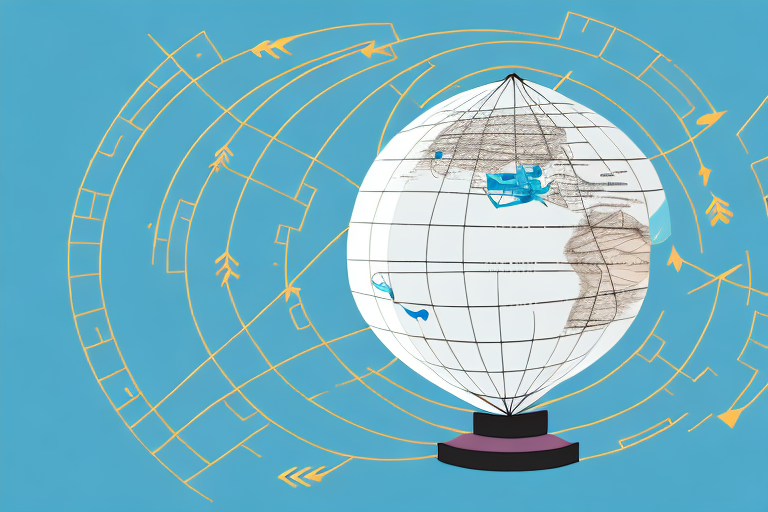 A globe with a winding path of arrows pointing to various countries