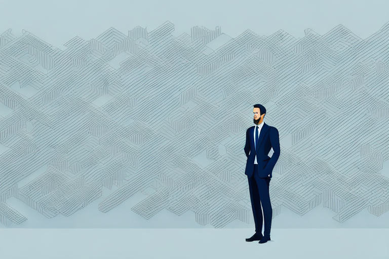 A businessperson standing in front of a large wall of obstacles