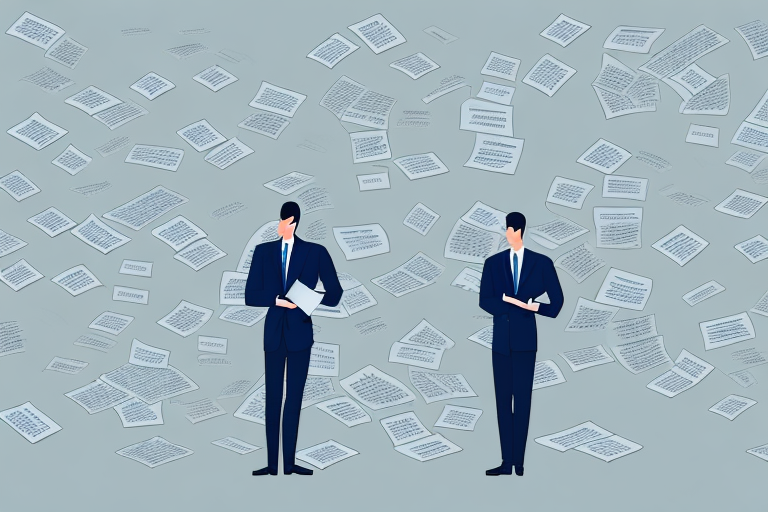 A businessperson standing in front of a wall of paperwork