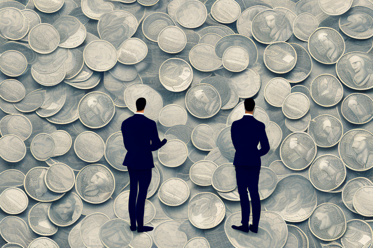 A person standing in front of a large stack of coins