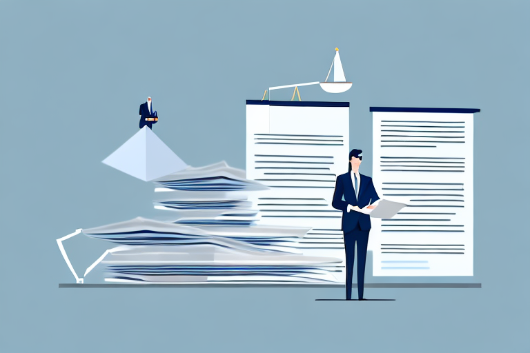 A businessperson standing in front of a stack of legal documents