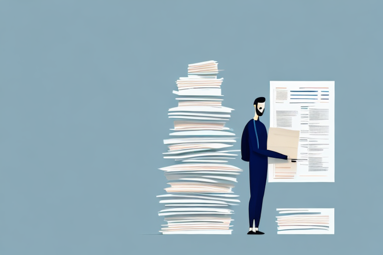 A person standing in front of a large stack of paperwork