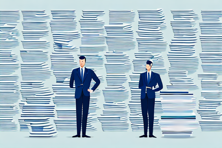 A businessperson standing in front of a wall of documents