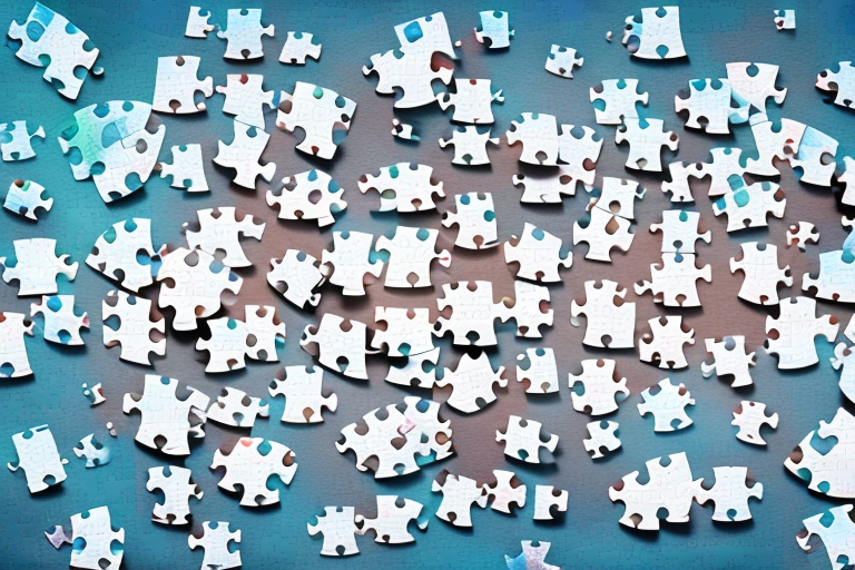 A complex jigsaw puzzle with pieces scattered around it