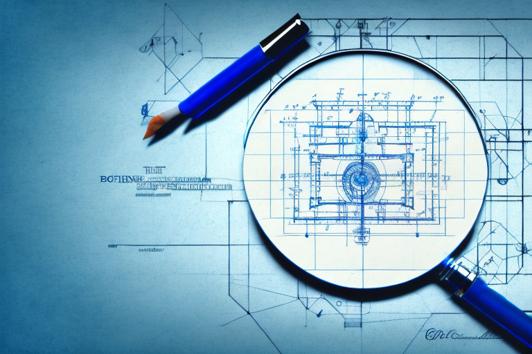 A blueprint with a magnifying glass hovering above it