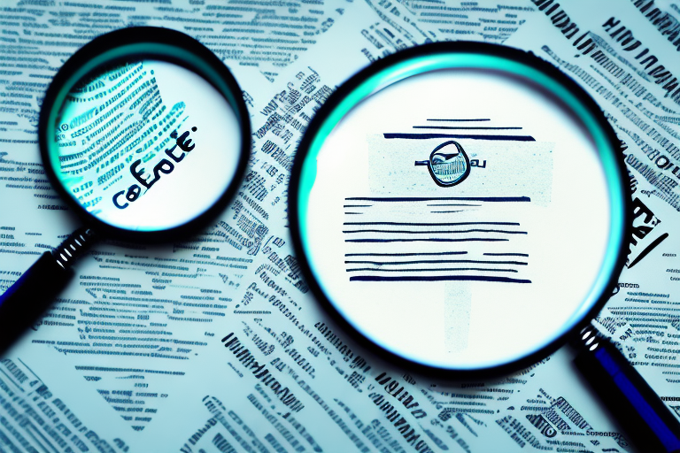 A magnifying glass inspecting a stack of documents