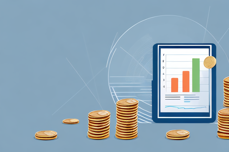 A stack of coins with a chart and calculator in the background