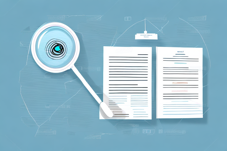 A stack of documents with a magnifying glass hovering above it