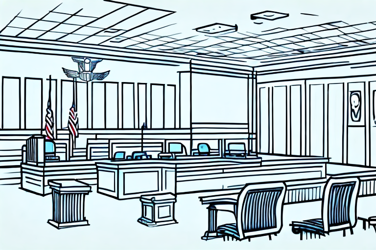 A courtroom with a judge's bench and a jury box