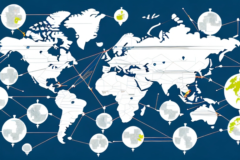 A global map with arrows indicating the flow of goods between countries