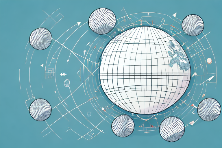 A globe with arrows and lines representing the flow of goods and services between countries