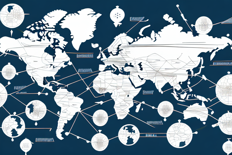 A global map with arrows and lines representing the flow of goods and services between countries