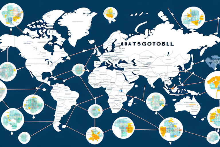 A global map with arrows showing the flow of goods between different countries