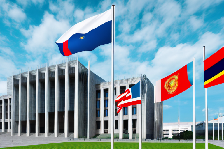 The international court of justice building with flags of different countries in the foreground