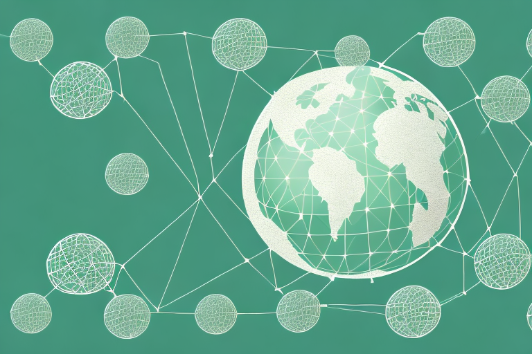 A globe with a network of interconnected lines representing international trade and a green tree symbolizing environmental policy