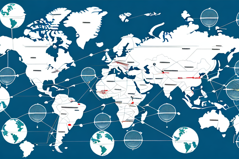 A global map with arrows connecting countries to represent the flow of international trade