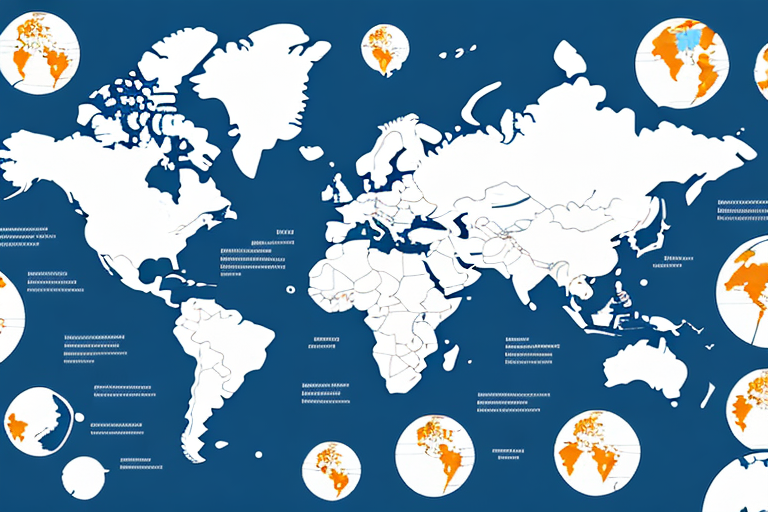 A global map with goods and services being exchanged between countries