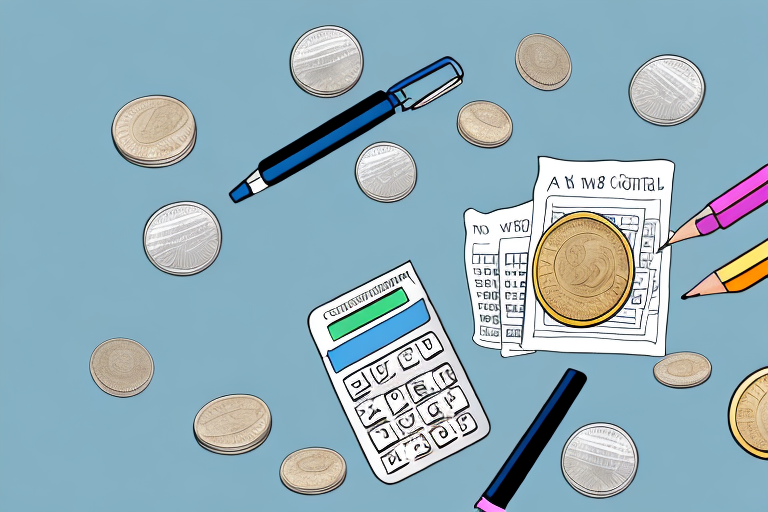 A stack of coins with a calculator and a pen on top