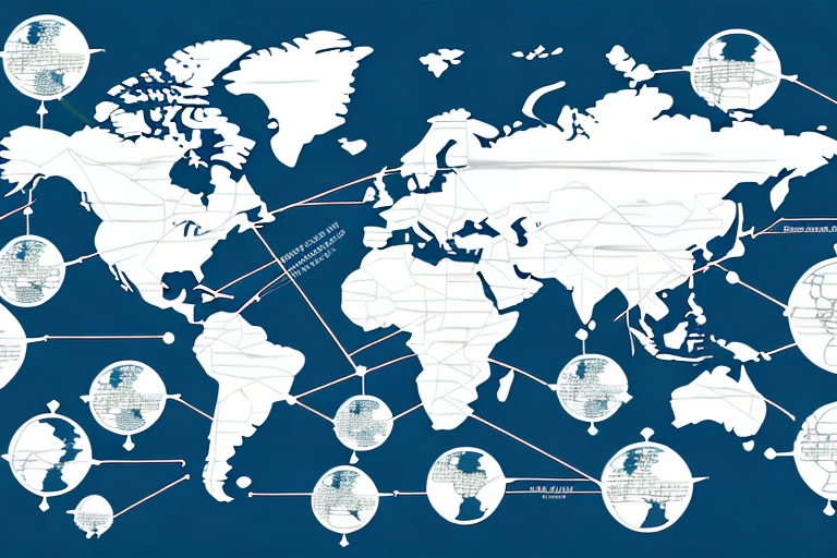 A global map with arrows showing the flow of goods between countries