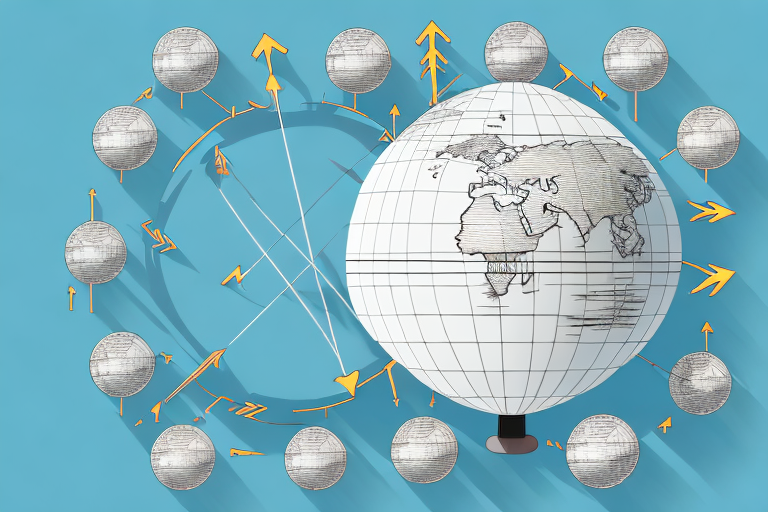 A globe with arrows and symbols representing the flow of international trade